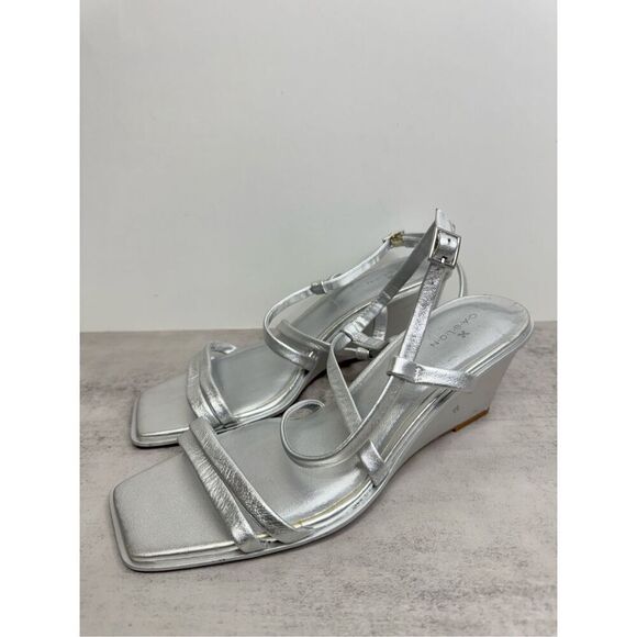 Caslon Sandals Size 9 Silver Leather Paola Open Square Toe Wedges - Picture 2 of 8